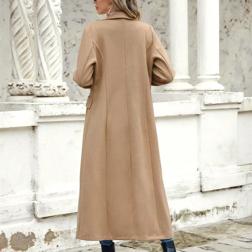 Khaki Casual Womens Lapel Neck Double Breasted Overcoat - Picture 2 of 5